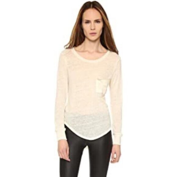 LNA Women's T-shirt Long Sleeve Torn Pocket Tee Top Linen Cream Ivory Small - Picture 8 of 13